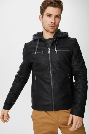 C&A Clockhouse Pyörä With Hood Faux Nahkaiset Miesten Takki Mustat | 20TCPFRHB