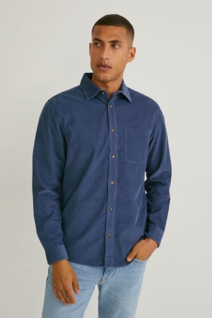 C&A Corduroy Regular Fit Classic Collar Miesten Paidat Sininen | 49KSEOFRA