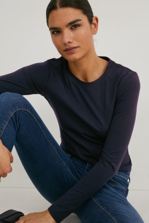 C&A Multipack Of 3 Basic Long Sleeve Organic Puuvilla Naisten Topit Tummansininen | 97TZMDHUL