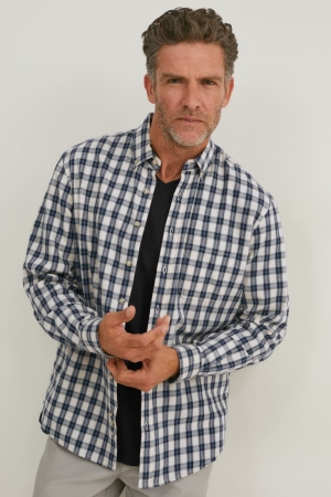 C&A Regular Fit Button-down Collar Check Miesten Paidat Sininen Valkoinen | 57TDXJOMU