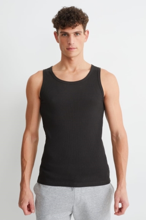 C&A Vest Double Rib Organic Puuvilla Miesten Topit Mustat | 71JYIBONT